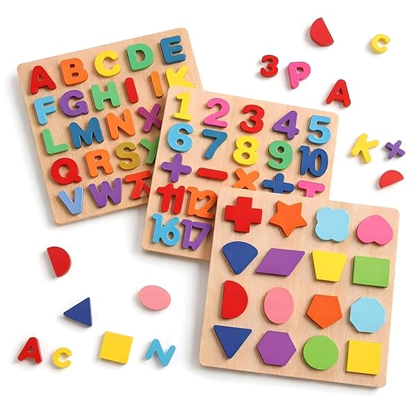 Toyshine Wooden Educational Puzzle Board Set Alphabet Number Shape Learning Board for Kids ABC 123 Matching Puzzle Toy M