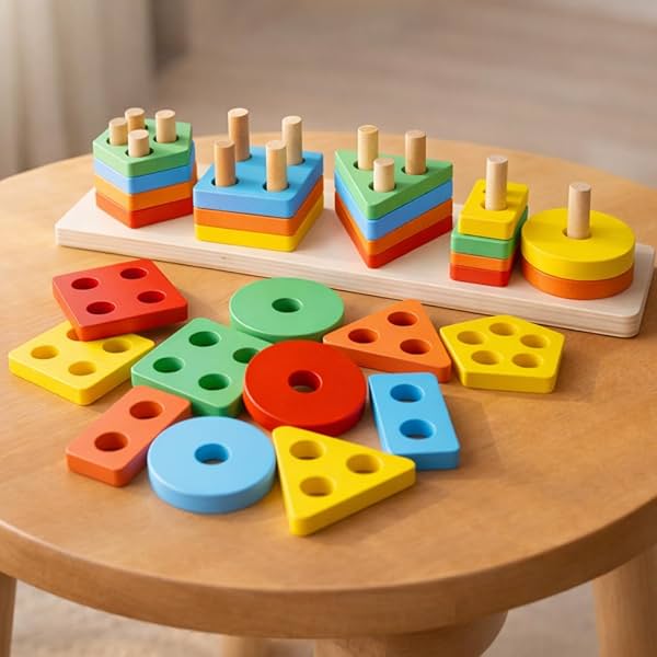 Toyshine Wooden Geometric Blocks Stacker Puzzle