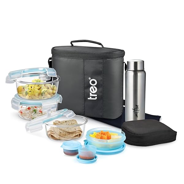 Treo by Milton All Weather Borosilicate Glass Round Tiffin Set of 8,Water Proof Carry Jacket & Steel Bottle,Microwave-Ov