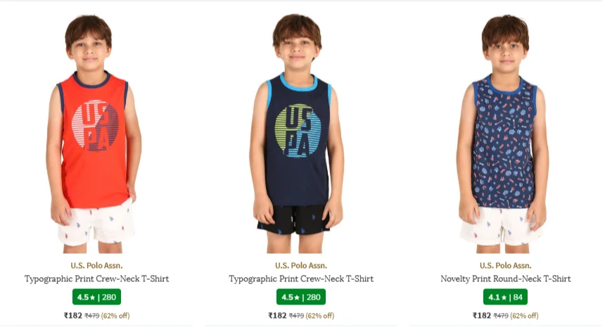 U.S. Polo Assn. boys T shirt Starting @ ₹182