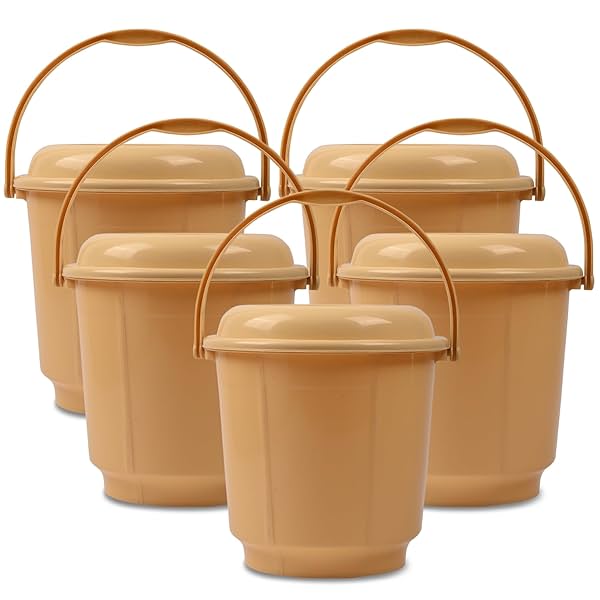 Urbane Home Pack of 5 Bathroom Bucket | 18 Liter With Lid & Handle | Plastic for Daily Use | Water Storage | Cream