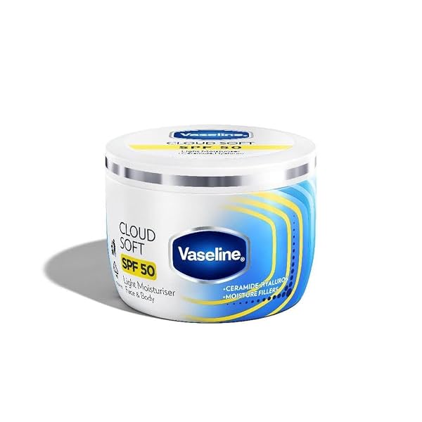 VASELINE Cloud Soft SPF 50 PA ++++ Light Moisturiser, 200 ml, for Soft and Bouncy Skin, with Ceramides & Hyaluron Moistu