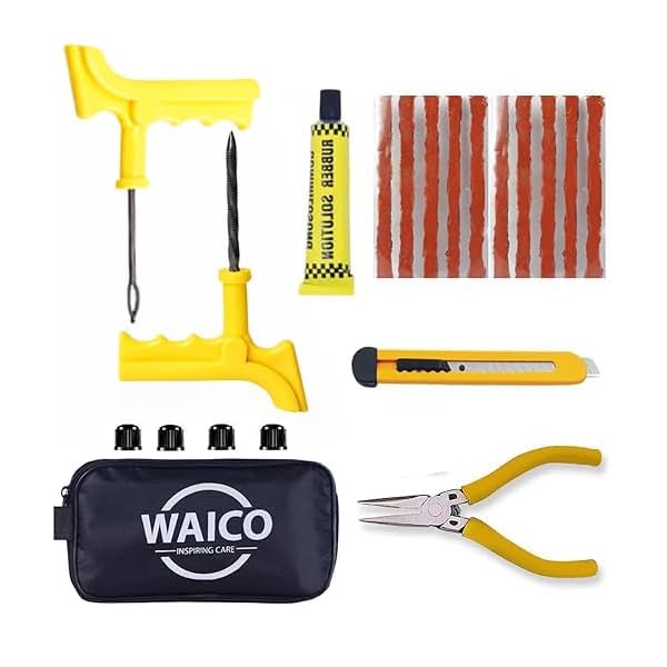 WAICO 6 in 1 Universal Tubeless Tyre Puncture Kit | with Tools, Plier, Knief, Puncture Strips, & Storage Bag | Emergency