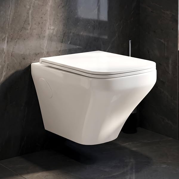 WASSMIST Commodes Toilet Wall Hung P Trap Rimless System with Soft Close Seat