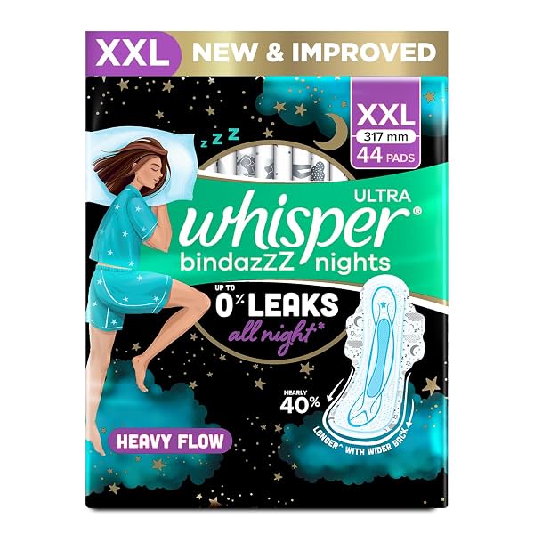 Whisper Bindazzz Nights 44 XXL Sanitary Pads, Upto 0% Leaks All Night Long, For Heavy Flow, Nearly 40% Longer with Wider