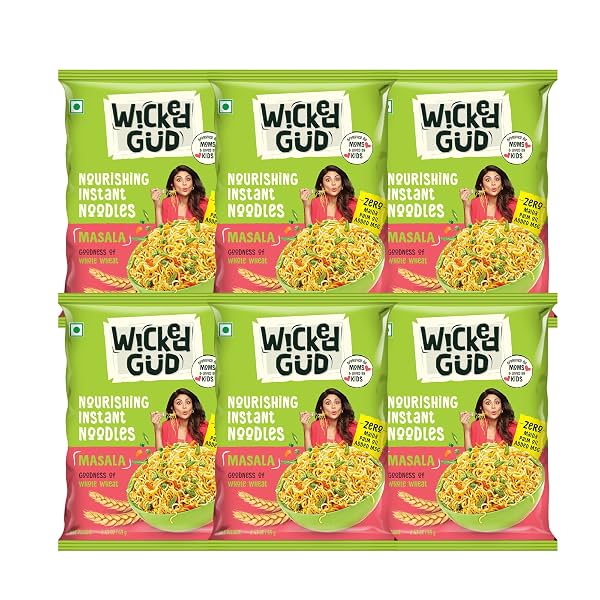 WickedGud Masala Noodles (69g x 6) - Whole Wheat, Zero Maida, No Palm Oil
