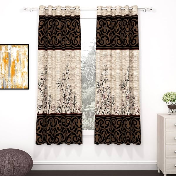 Window Curtains for 5 Feet Long Set of 2 (118 x 152 cm, Cream & Brown)