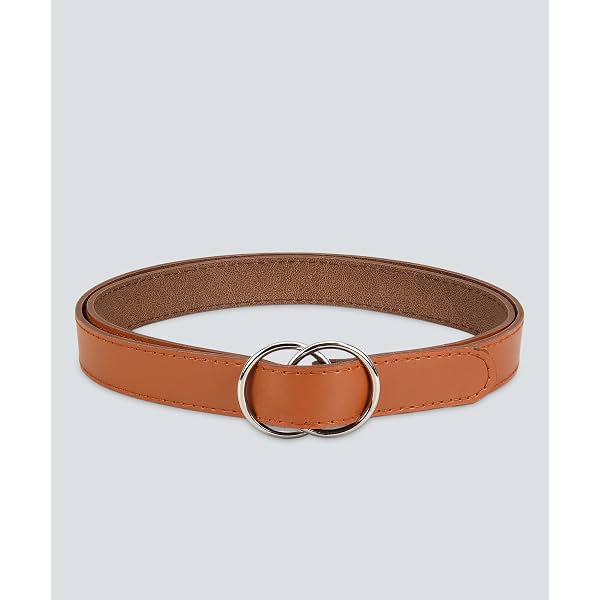 Women's Belt with Double Ring Buckle, Faux Leather, Black Brown Beige, 3 Pack