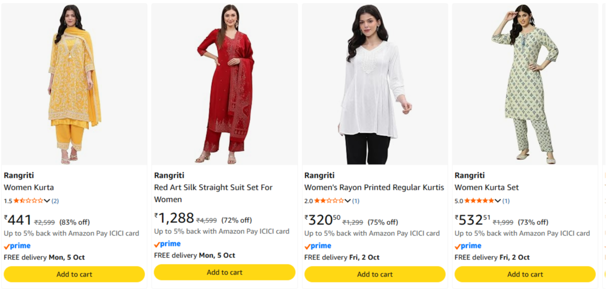 Women's Kurta Upto 83% Discount