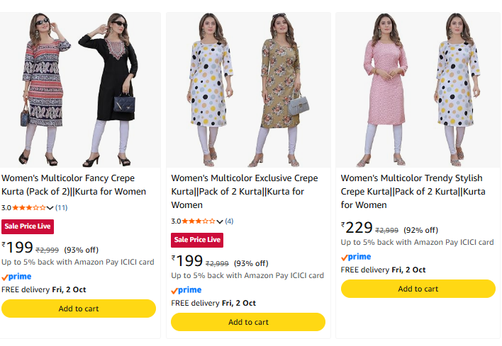 Women's Kurti Pack of 2 Starting @ ₹199