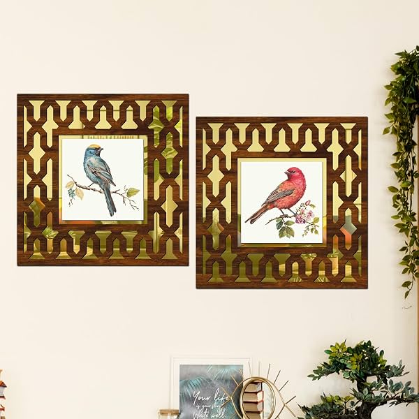 Wooden Bird Painting Mirror Wall Décor Panel for Home Décor Living Room Bed Room