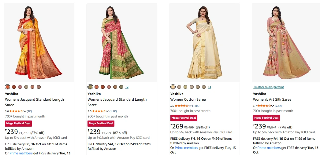 Yashika Women's Saree at minimum 88% Discount