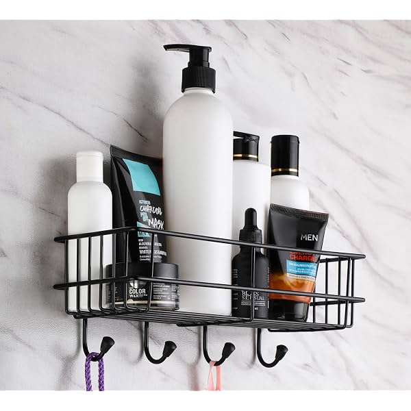 iSTAR GI Steel Self-Adhesive Bathroom Shelf With Hooks