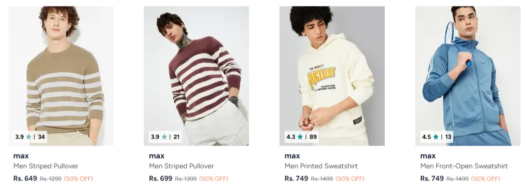 max Clothings & Apparels at minimum 50% Discount