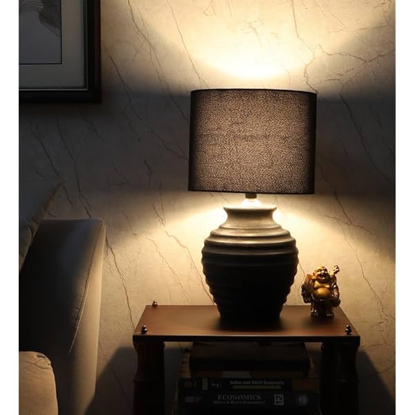 tu casa Decorative Wooden Table Lamp with Off-Black Cotton Shade | Bedside Night Lamp for Home, Study & Dining